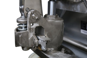 Stainless Steel pallet truck with steel casted pump close-up view