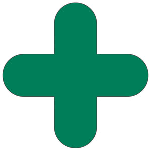 Green plus-shape pallet marker for warehouse floor