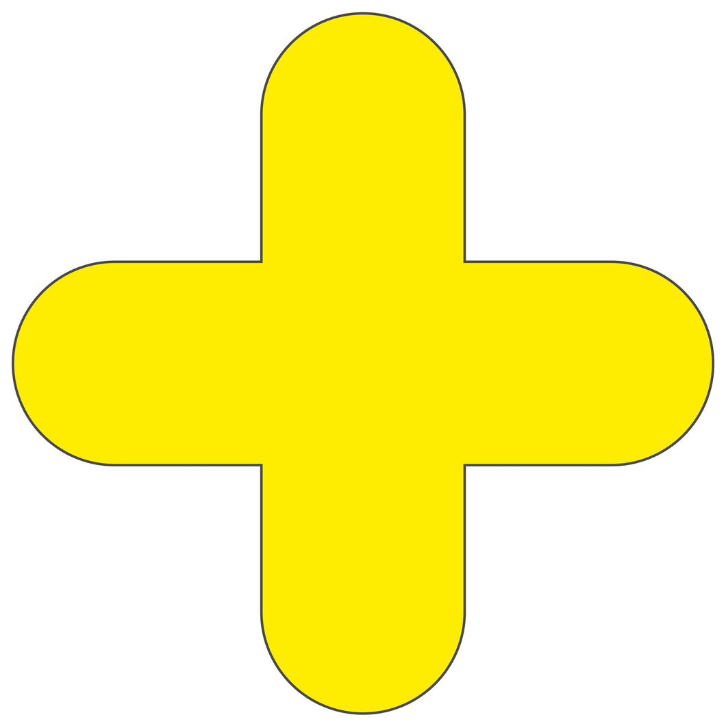 Yellow plus-shape pallet marker for warehouse floor