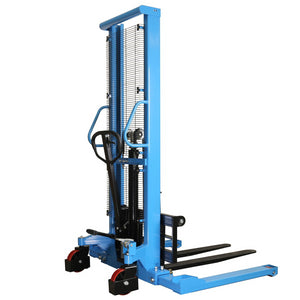 Manual pallet stacker has a minimum fork elevation of 1.4" and a maximum lifting height of 63". 