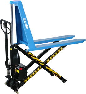 Manual pallet jack with extra lift - acts as a lift table for use with pallets with no bottom boards