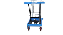 Load image into Gallery viewer, Front view of table top elevated on a scissor lift cart