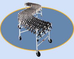 Expandable flexible conveyor with plastic nylon or steel wheels